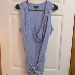 White and blue striped sleeveless wrap top